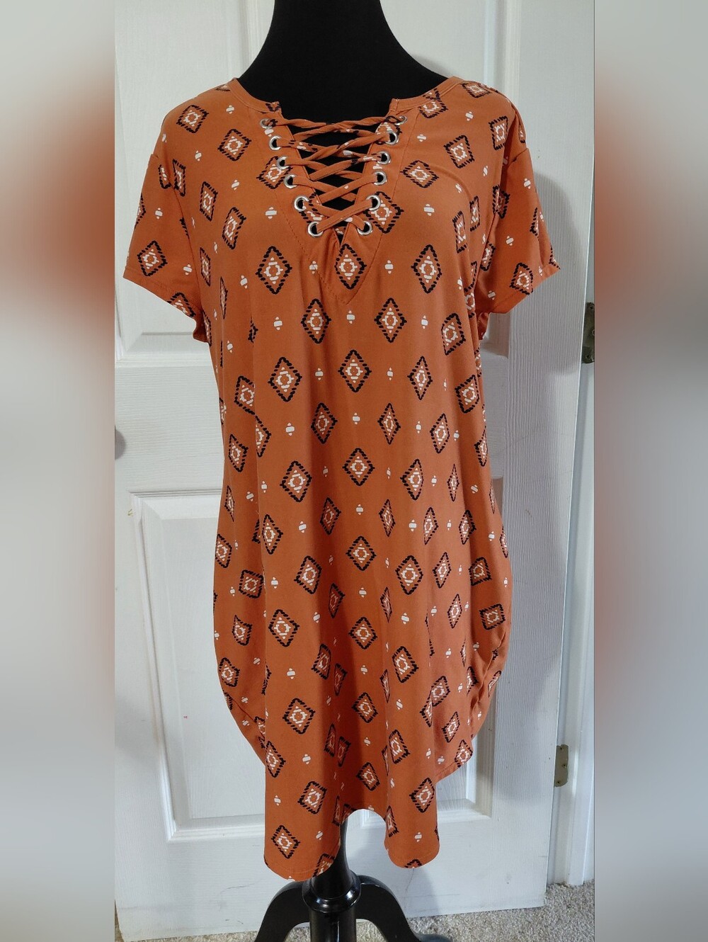No Boundaries Rustic Orange Lace-Up Geometric Tunic